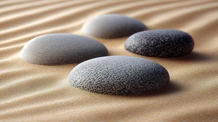 Smooth Zen Stones Resting on Rippling Golden Sand for Tranquil Meditation and Relaxation : Generative AI