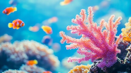 Naklejka premium Vibrant Coral Reef with Colorful Clownfish in Crystal Clear Blue Ocean Waters : Generative AI
