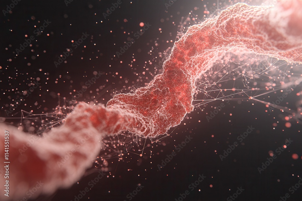Poster an abstract visualization featuring a flowing, luminous strand with particles, set against a dark ba