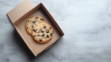 Homemade Chocolate Chip Cookies in Kraft Box on Marble Countertop : Generative AI