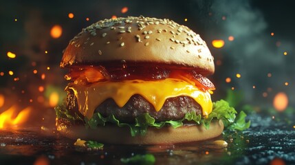 A hamburger with cheese and bacon on it