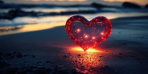 Fototapeta premium Glowing 3D Red Heart on Black Background at Beach with Stars and Luminescence at Sunset Over Ocean Shoreline
