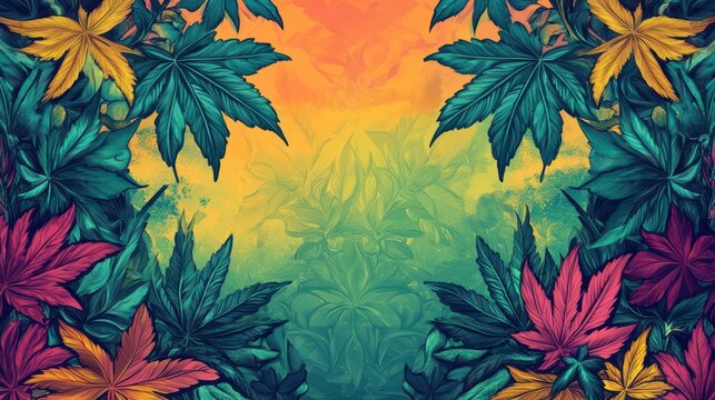 Vibrant cannabis leaf pattern with artistic gradient background for 420 day celebration design. Horizontal banner. Copy space. Flat illustration