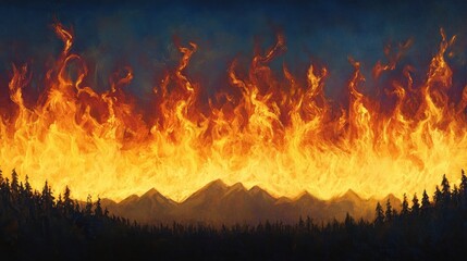 A dramatic depiction of a wildfire engulfing mountains under a darkening sky.