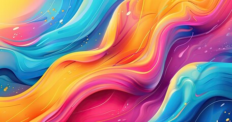 A vibrant abstract design featuring flowing waves of color in blue, orange, pink, and yellow.