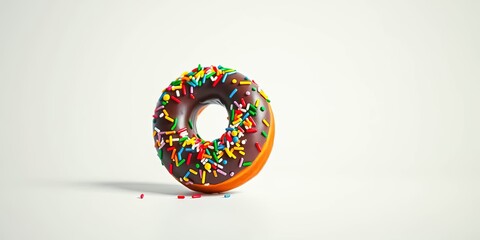 A delectable chocolate donut, generously covered in colorful sprinkles, rests on a clean white surface, a few stray sprinkles scattered nearby.