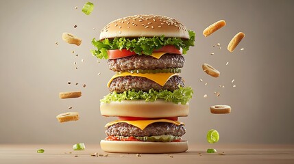 Gourmet Double Cheeseburger with Fresh Lettuce and Tomato Garnished with Floating Ingredients : Generative AI