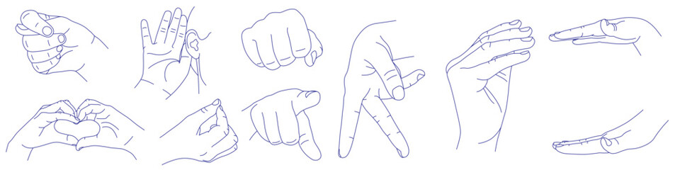 Set of hand gestures in various positions. Contour vector illustration. Fig, hearing, fist, heart and love. Sign language