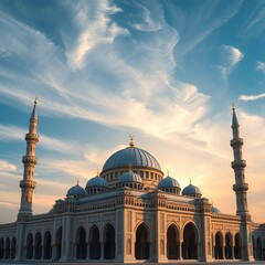 Obraz premium Azure sky, majestic mosque, photorealistic AI art.