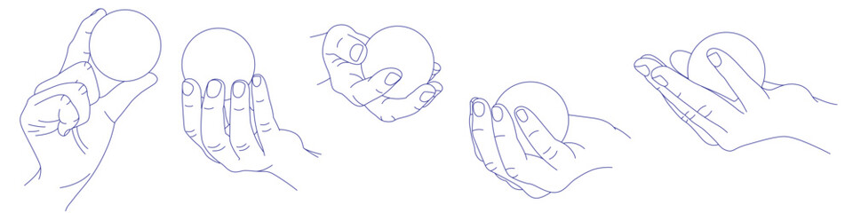 Hand holding a round ball. Contour vector illustration. Index, middle, ring, little fingers and thumb