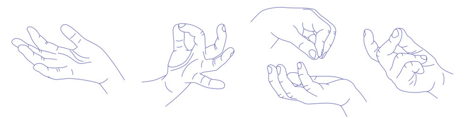 Set of hand gestures in various positions. Contour vector illustration. Index, middle, ring, little fingers and thumb