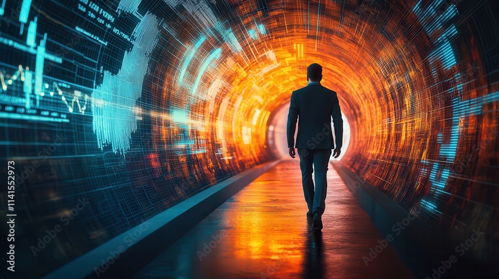 Poster a silhouette of a businessman walking through a vibrant, digitally-themed tunnel filled with colorfu