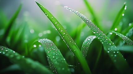 Naklejka premium Fresh Morning Dew on Vibrant Green Grass Blades in Natural Light : Generative AI