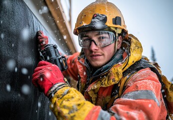 Fototapeta premium Construction worker performs tasks in snowy conditions, showcasing dedication and skill on the job site