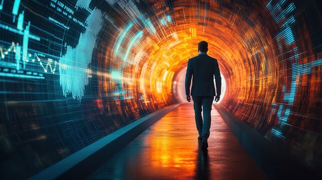 A silhouette of a businessman walking through a vibrant, digitally-themed tunnel filled with colorful data visualizations.
