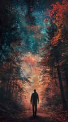 Fototapeta premium Cosmic Forest Path: A Nighttime Journey Under the Stars