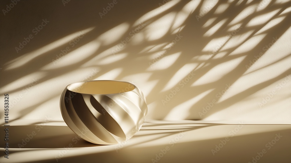 Poster Elegant Ceramic Bowl With Shadows on Minimalistic Beige Background : Generative AI