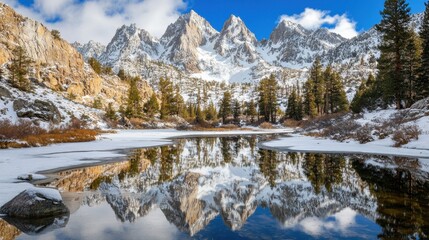 Serene Mountain Landscape with Snow-Covered Peaks and Reflection