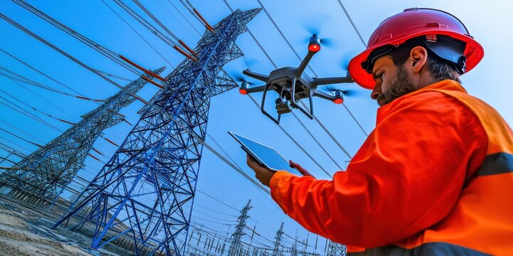 Technician operates drone for inspection of power lines near energy transmission tower at sunset