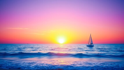 Fototapeta premium Serene Sunset Seascape with a Solitary Sailboat at the Horizon