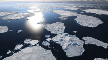 Aerial view of ice-covered ocean with floating icebergs reflecting sunlight.