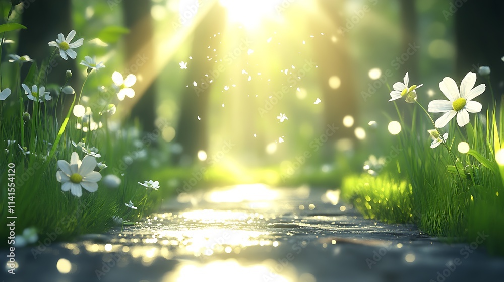 Poster Sunlit Forest Pathway with Daisies and Dancing Light Particles Creating a Tranquil Nature Scene : Generative AI