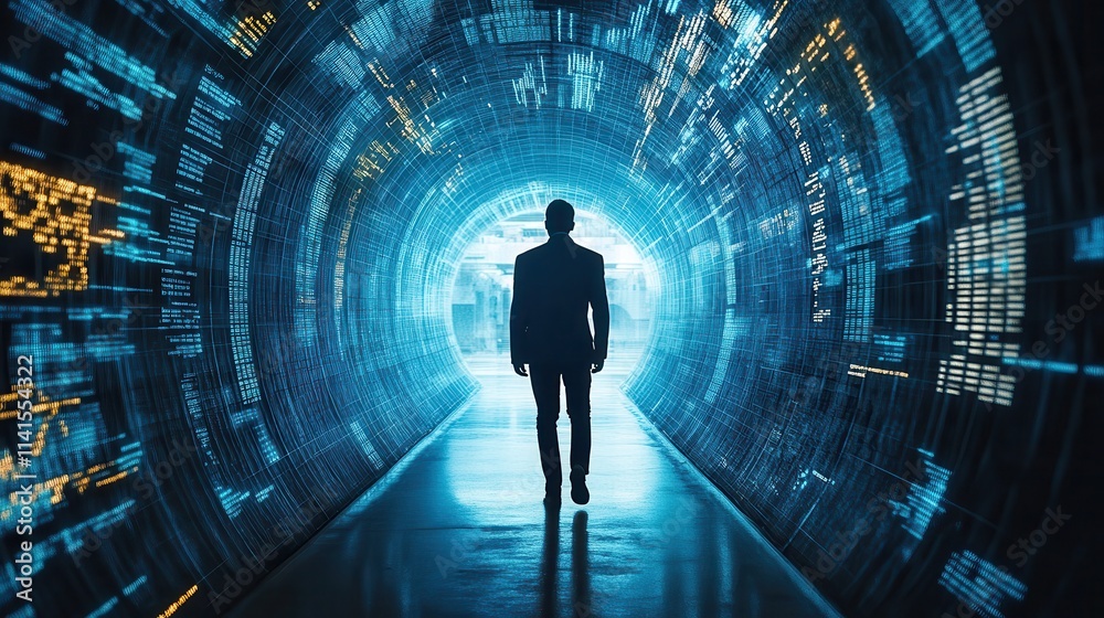 Poster A silhouette of a man walking through a futuristic tunnel filled with glowing digital patterns, conveying a sense of mystery and exploration.