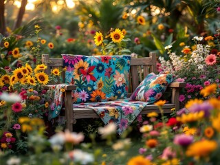 Obraz premium Bloom-painted bench, sunset hues, garden's upcycled charm.
