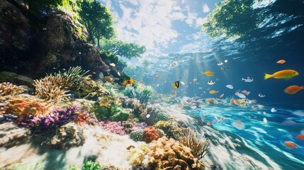 Obraz premium A colorful coral reef with many fish swimming in the water