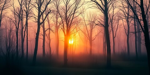 Fototapeta premium Golden sunrise illuminating a misty woodland scene with silhouetted trees