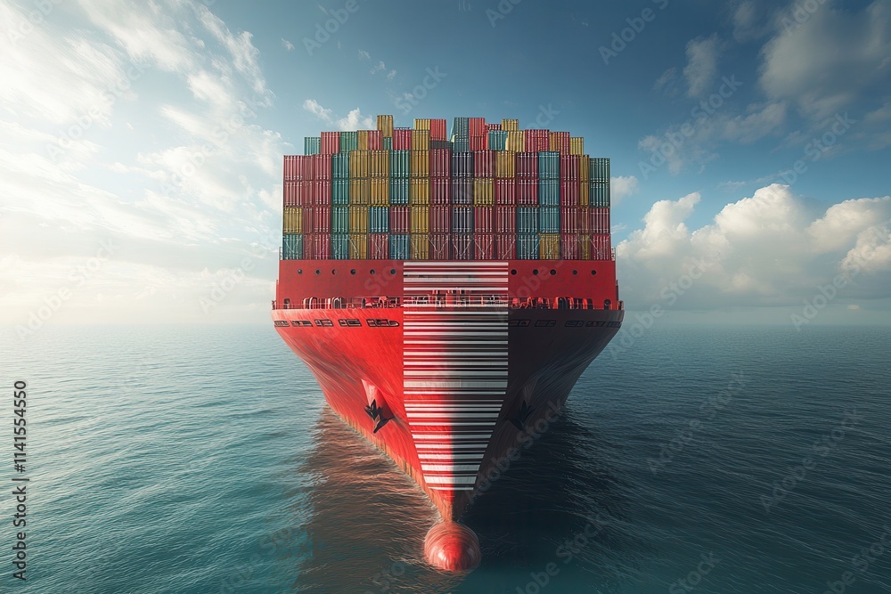 Poster a large cargo ship loaded with colorful containers sails through calm waters under a clear sky.