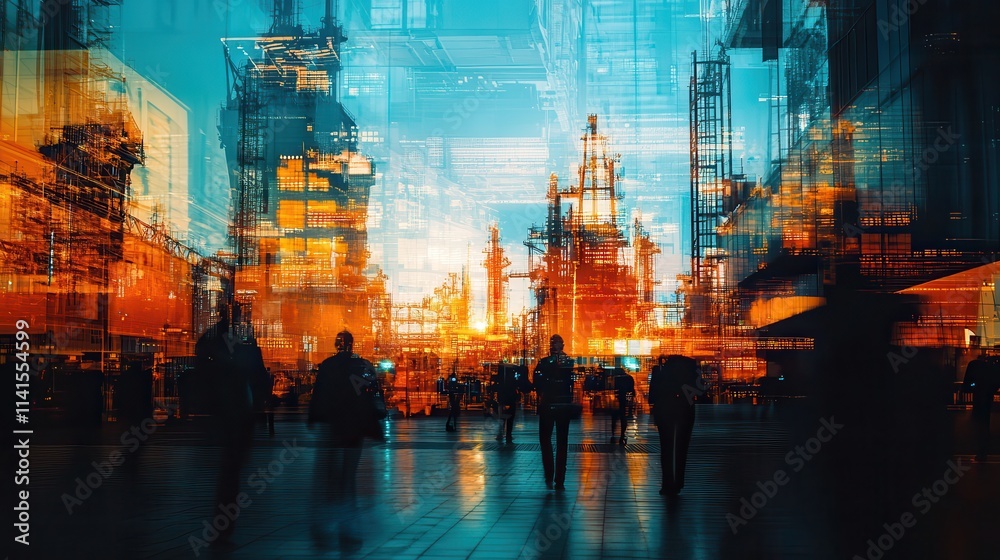 Aufkleber A vibrant urban scene with blurred figures against a backdrop of illuminated buildings during sunset, creating a dynamic and energetic atmosphere.