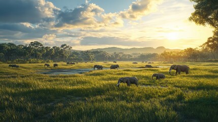 Fototapeta premium A herd of elephants are walking through a grassy field