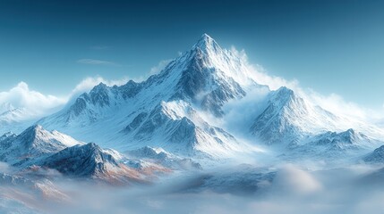 Obraz premium Snow-capped mountains, misty valleys, clear blue sky.