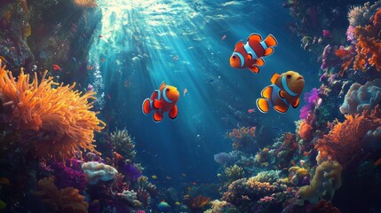 Naklejka premium Vibrant underwater scene with clownfish swimming among colorful coral reefs.