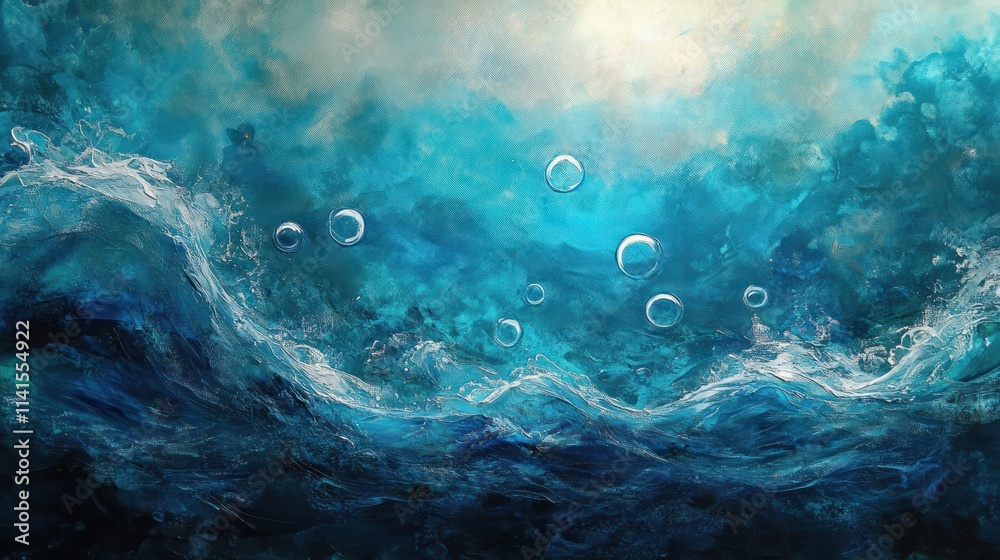 Poster an abstract depiction of underwater waves and bubbles, evoking a sense of tranquility.