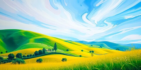 Serene Rolling Hills Landscape with Vibrant Yellow Fields Under a Whimsical Sky