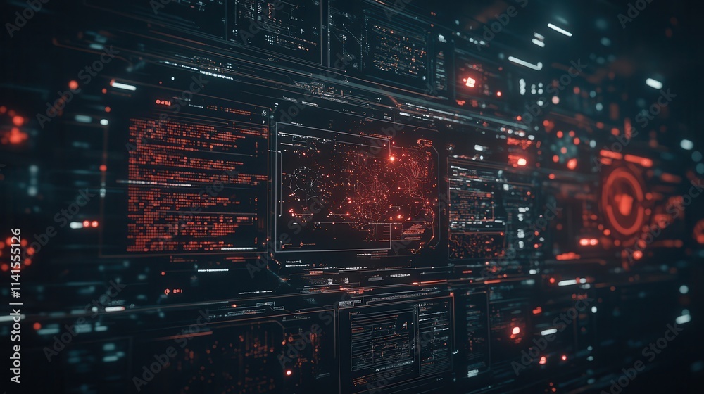 Poster A futuristic digital interface with glowing red elements, displaying data and intricate patterns in a dark background, suggesting advanced technology.