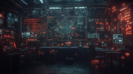 A dark, high-tech control room filled with glowing screens, data visualizations, and intricate digital displays, creating an immersive, futuristic environment.