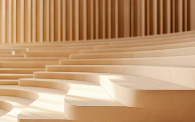 Fototapeta premium Modern architectural design showcasing curving wooden steps in a tranquil setting