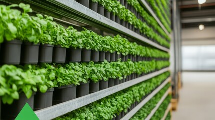 Fototapeta premium Lush Green Indoor Urban Garden with Rows of Fresh Herb Plants in Black Pots in a Modern Agricultural Facility Setting
