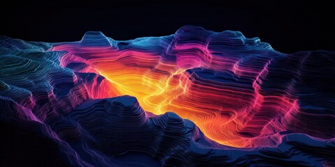 Fototapeta premium Abstract Topographic Visualization with Vibrant Colors on Black Background, Two-Dimensional Flat Design of Complex Terrain and Depths, Digital Art