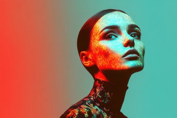 Minimalistic modern portrait of young woman with vibrant abstract lighting