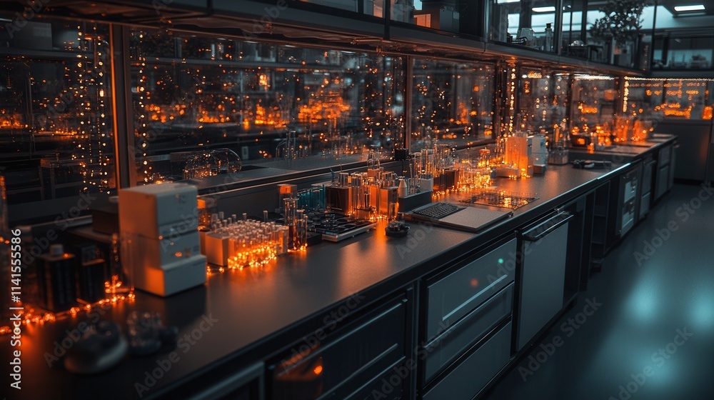 Poster a dimly lit laboratory with glowing equipment and glassware, creating a mysterious and atmospheric s
