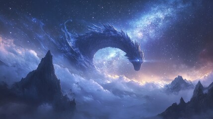 A majestic dragon coils through a starry sky, surrounded by clouds and mountains.