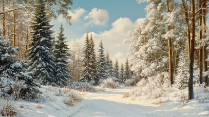 Fototapeta premium A snowy forest with trees and a road