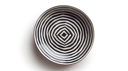 A bold, geometric plate with modern, triangular patterns, isolated on a white background, top view