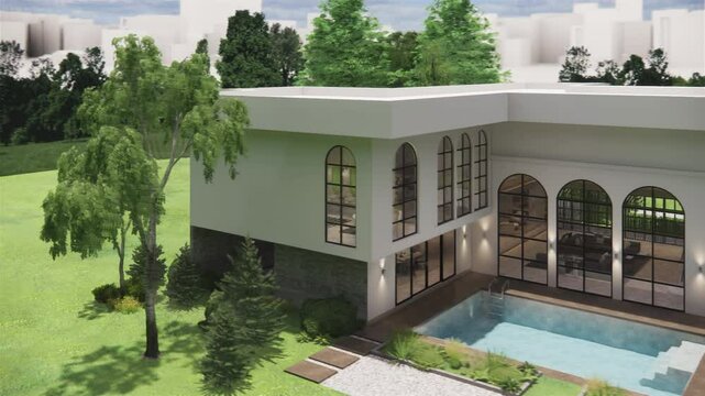 Modern house exterior with garden  landscape .3D rendering model of the building.3d animation render isometric floor plan of modern contemporary house.