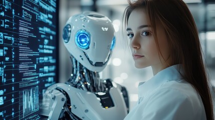 modern office setting a person is seated at a desk, facing a series of graphs and charts displayed on the wall. The individual is wearing a white shirt and appears to be focused on the data presented.