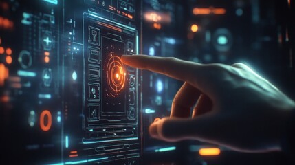 Obraz premium A hand interacting with a futuristic digital interface featuring glowing elements.